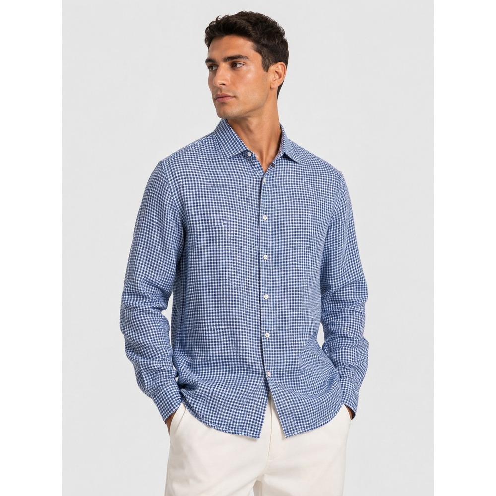 SWIMS Mens Blue White Gingham 100% Linen Long Sleeve Button Down Shirt L New